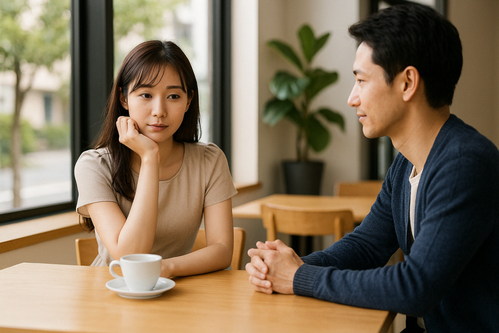 カフェで男性が真剣に話しかける中、女性は肘をついて呆れた表情を浮かべている。出会いはあったけれど、最初からうまくはいかなかった