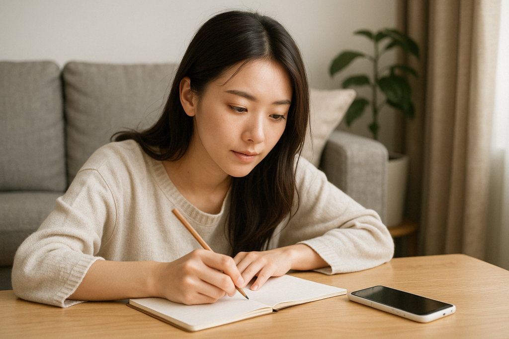 自宅のテーブルでスマホを見ながら、ノートに真剣にメモを書いている女性。エンジェルナンバーの意味をしっかり理解しようと向き合っている