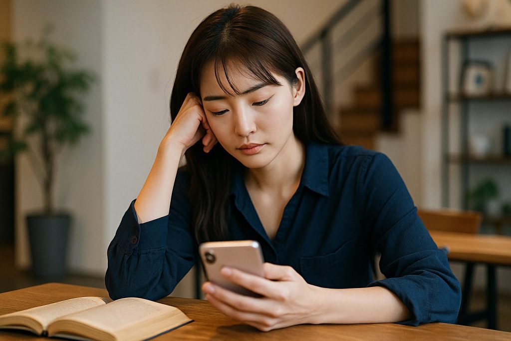 スマホを見つめながら考え込む女性。机には開いた本があり、悩みと向き合う静かな時間が流れている室内のワンシーン