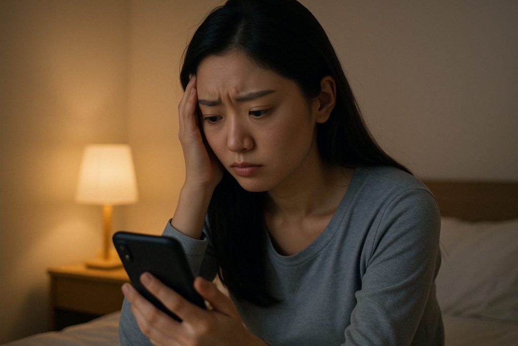 スマホを見つめながら不安げな表情を浮かべる女性。元彼が突然連絡を絶った理由を考え続け、答えが見つからず心がざわついている様子