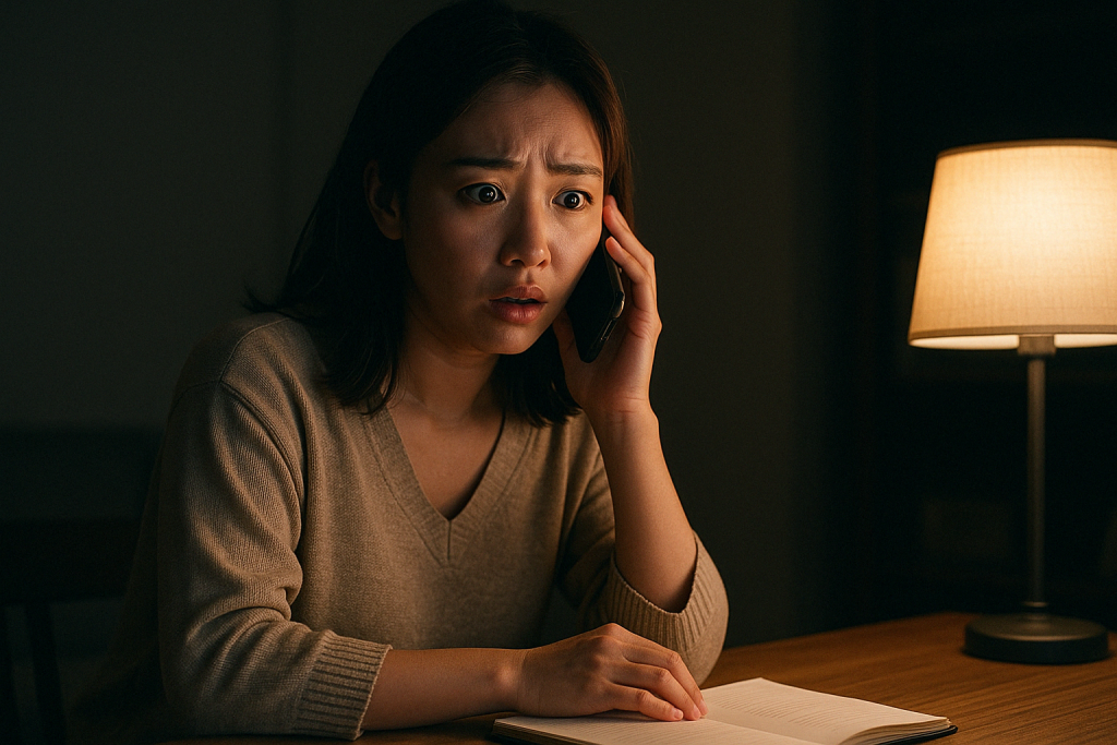 夜の暗い部屋で間接照明の光に照らされながら、ノートに何かを書き込む女性。占いの結果が的中しすぎて驚き、信じざるを得ないと感じ始めている