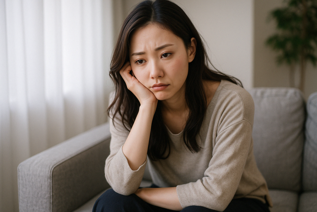 昼間の自宅で手で顎を支えながら、真剣な表情で遠くを見つめる女性。周囲の幸せと比べてしまい、自分だけが取り残されているような気持ちに落ち込んでいる