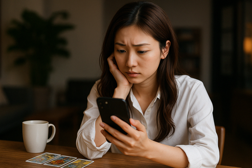 タロットカードを前に、スマホを真剣な表情で見つめる女性。占いで見えた彼の本音に心が揺れながらも、どう受け止めるべきかを考えている