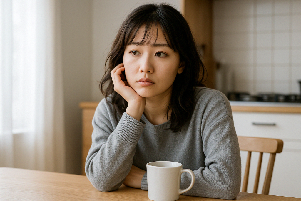 昼間の自宅で椅子に座り、真顔でどこかを見つめる女性。占い師に話してみたことで、自分でも気づいていなかった本当の気持ちに向き合い始めている