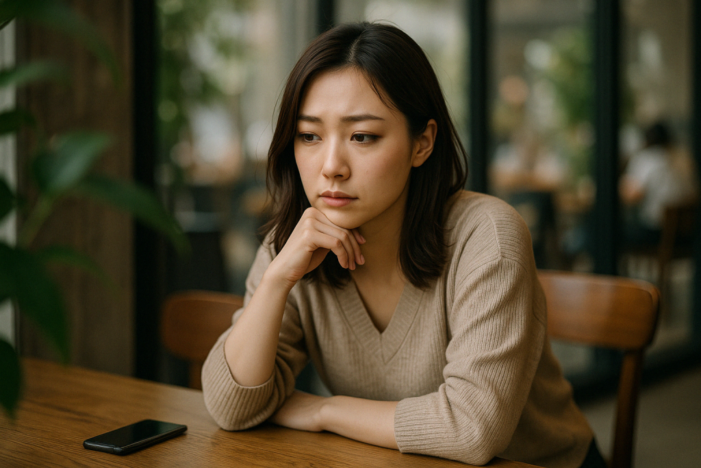 カフェのテーブルに肘をつき、真剣な表情で遠くを見つめる女性。頑張りすぎていた自分に気づき、少し立ち止まることを許し始めている