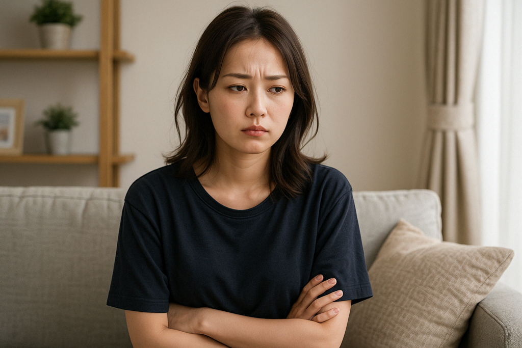 昼間の自宅でTシャツ姿の女性がソファに座り、腕を組んで真剣な表情を浮かべている。誰にも相談できず、占いに頼るしかなかった気持ちと向き合っている