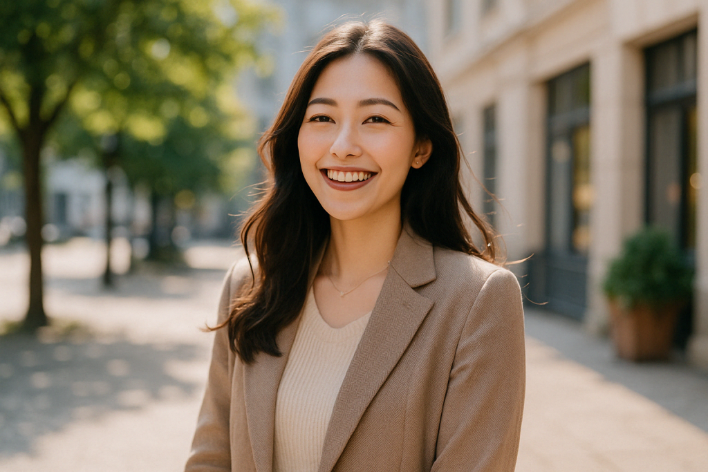 昼間の繁華街で明るいスーツを着た女性が笑顔でこちらを見つめている。占いの言葉に救われた経験から、心が疲れた人へそっと優しさを届けようとしている
