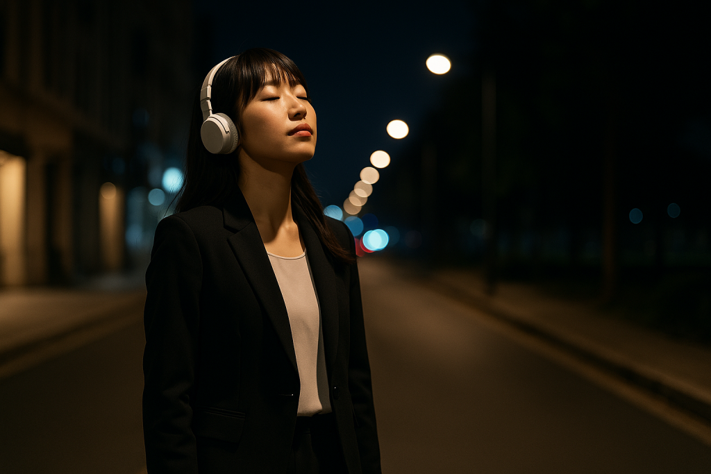 夜の帰り道、パンツスーツ姿でヘッドホンをつけ、静かに夜空を見上げる20代の日本人女性。都会の街灯が照らす中、表情には凛とした希望とスピリチュアルな静けさが宿る一枚。
