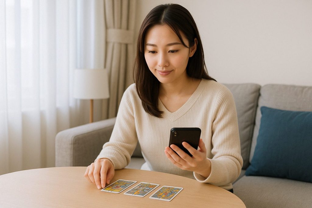 占いの結果を見ながら、スマホで彼への連絡を迷う女性