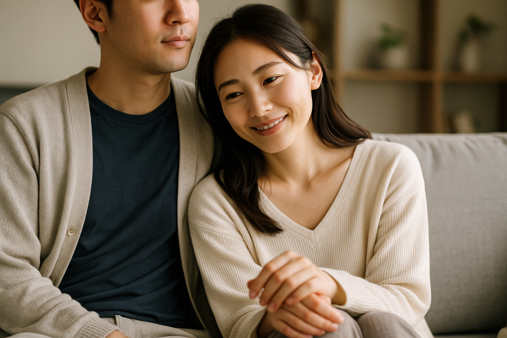 昼間の自宅でソファに座り、女性が男性にもたれながら笑顔を浮かべている。幸せなはずなのに、どこか心にモヤモヤを抱えていた頃の記憶