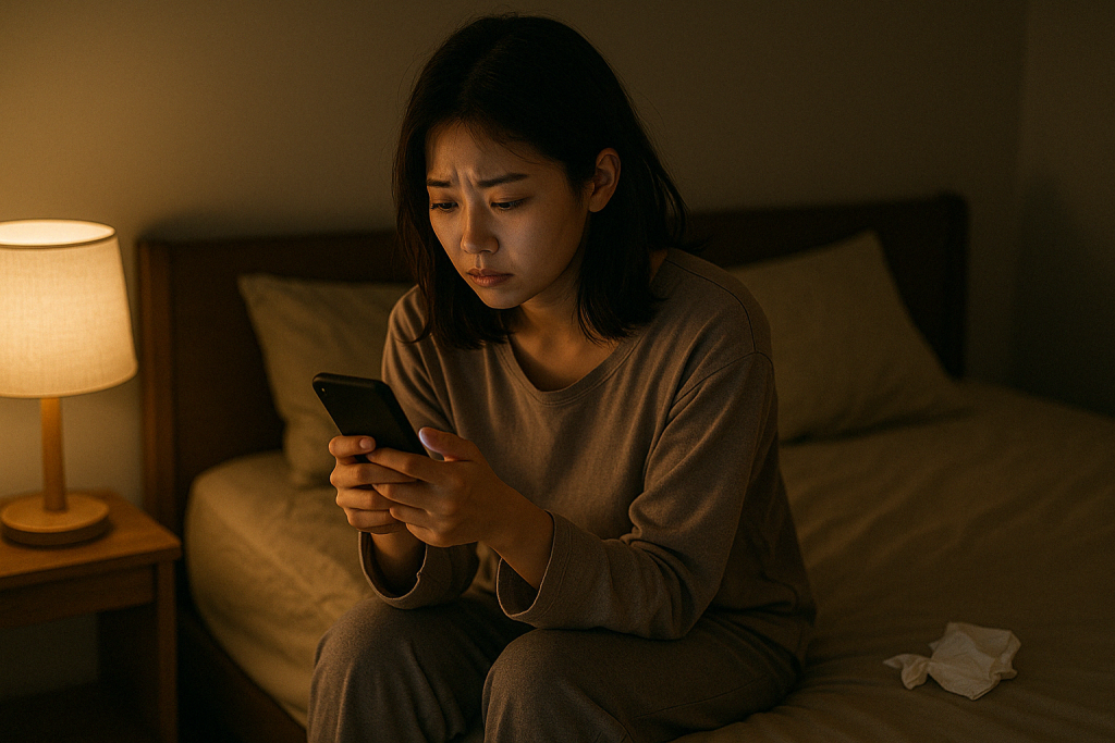 深夜の部屋でパジャマ姿の日本人女性がスマホを手にベッドに座り、悩んだ表情でLINEの返信をためらっている。枕元の暗い照明と散らばったティッシュが、感情の揺れと孤独感を表現している
