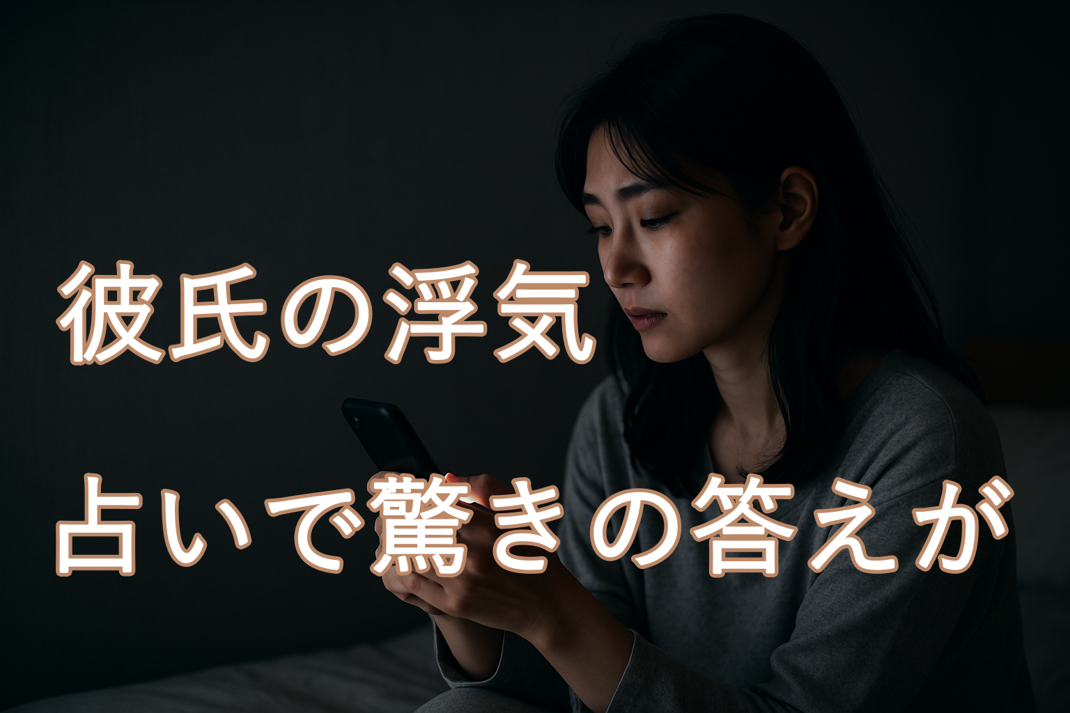 暗い部屋の中、ソファの上でスマホの光に照らされながら無表情で画面を見つめる女性。彼の浮気を疑い、不安と孤独に沈んでいる夜