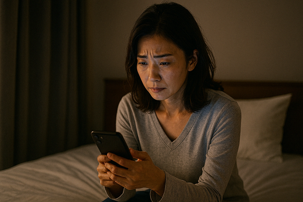 暗い部屋でベッドに座り、スマホの光に照らされながら深く悩み込む女性。突然の音信不通に戸惑い、ツインレイとのつながりを見失いそうになっている