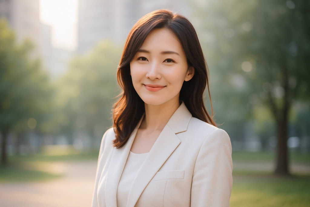 昼間の公園で明るいスーツ姿の女性が笑顔でこちらを見つめている。神々しい光に包まれながら、今の自分の気持ちこそが運命のサインだと感じ始めている