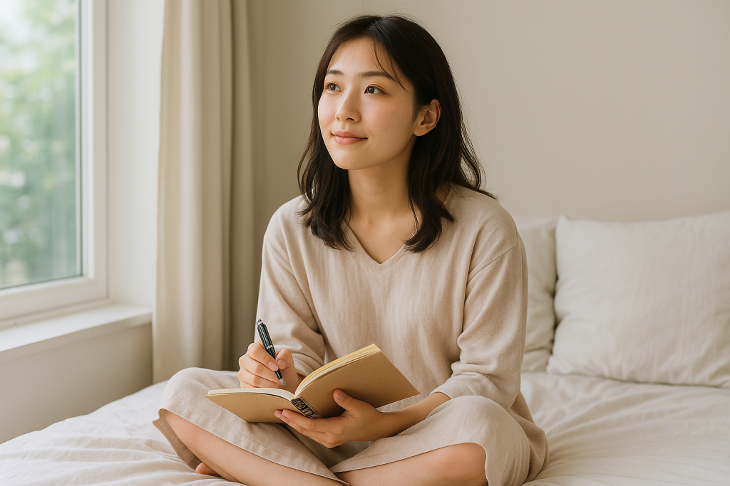 朝の光が差し込む窓辺のベッドの上で、淡い色のワンピースを着た20代の日本人女性がノートを手にして座っている。膝を抱えるような姿勢で、彼のことを考えながら穏やかな眼差しで窓の外を見つめている様子。