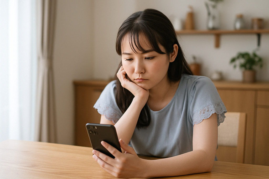 明るい部屋で女性がスマホを見ながら静かに考え込んでいる。占いの結果をうのみにせず、自分の気持ちと向き合いながら受け止めようとしている