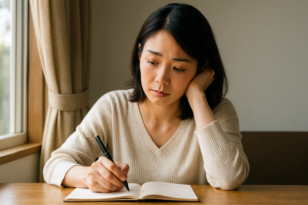 昼間の明るい部屋で、ノートに向かいながら頬を肘で支えて考え込む女性。ふと自分の行動を振り返り、逆効果だったかもしれないと気づいている