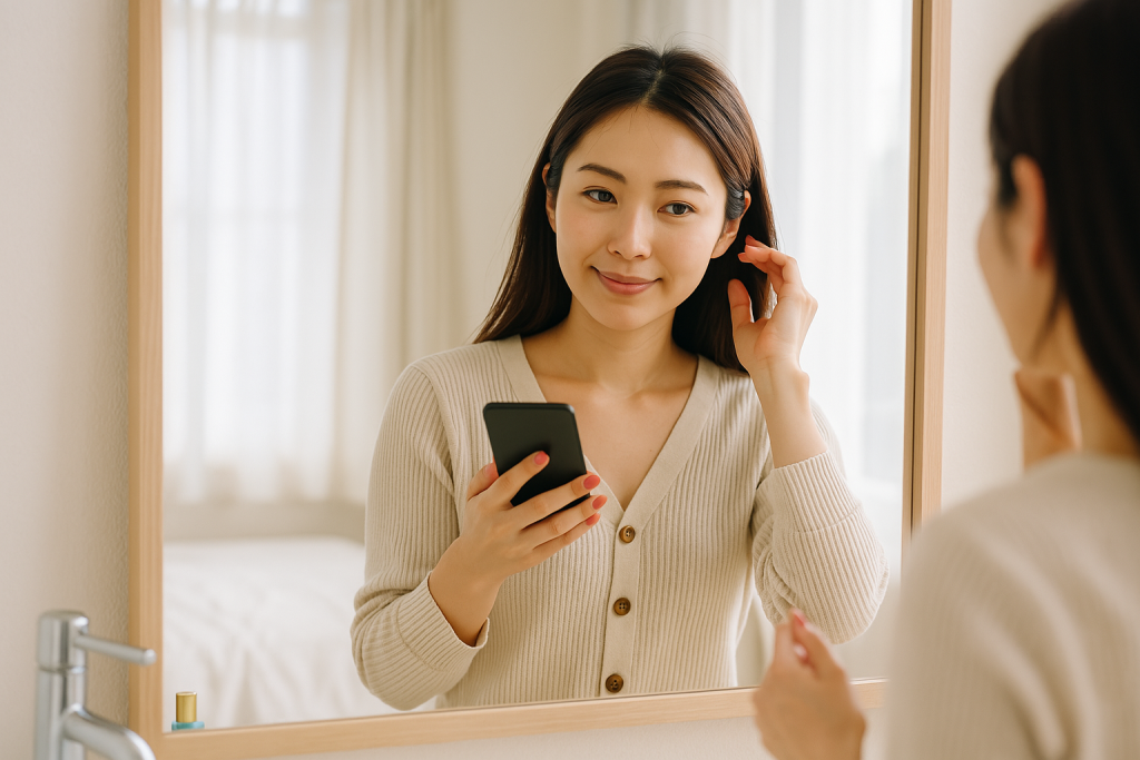 鏡に映る笑顔の女性が、手にスマホを持ちながら自分を見つめている。占いが背中を押してくれたことで、動き出すタイミングが見えてきた