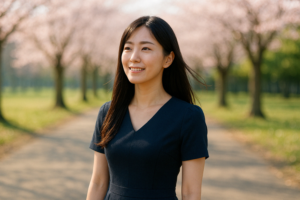 桜並木のそよ風の中、ワンピースを揺らしながら笑顔で遠くを見つめる女性。恋が叶ったかよりも、信じて動いた自分に誇りを感じている