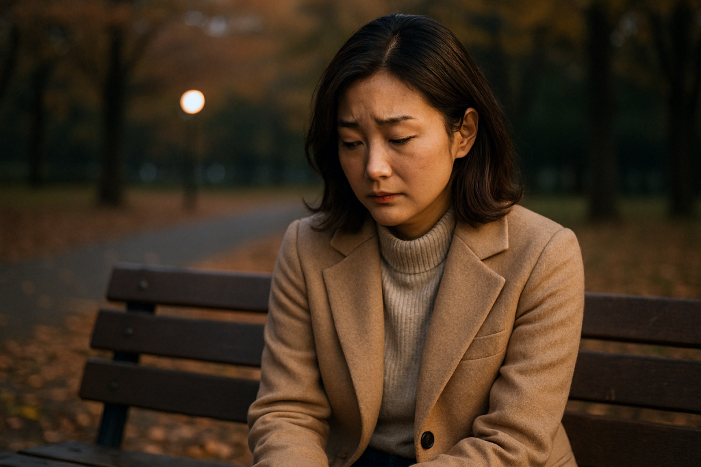公園のベンチに座り、落ち葉の中で下を向いて悩むコート姿の女性。誰にも打ち明けられないツインレイの苦しみを、ひとり静かに抱えている
