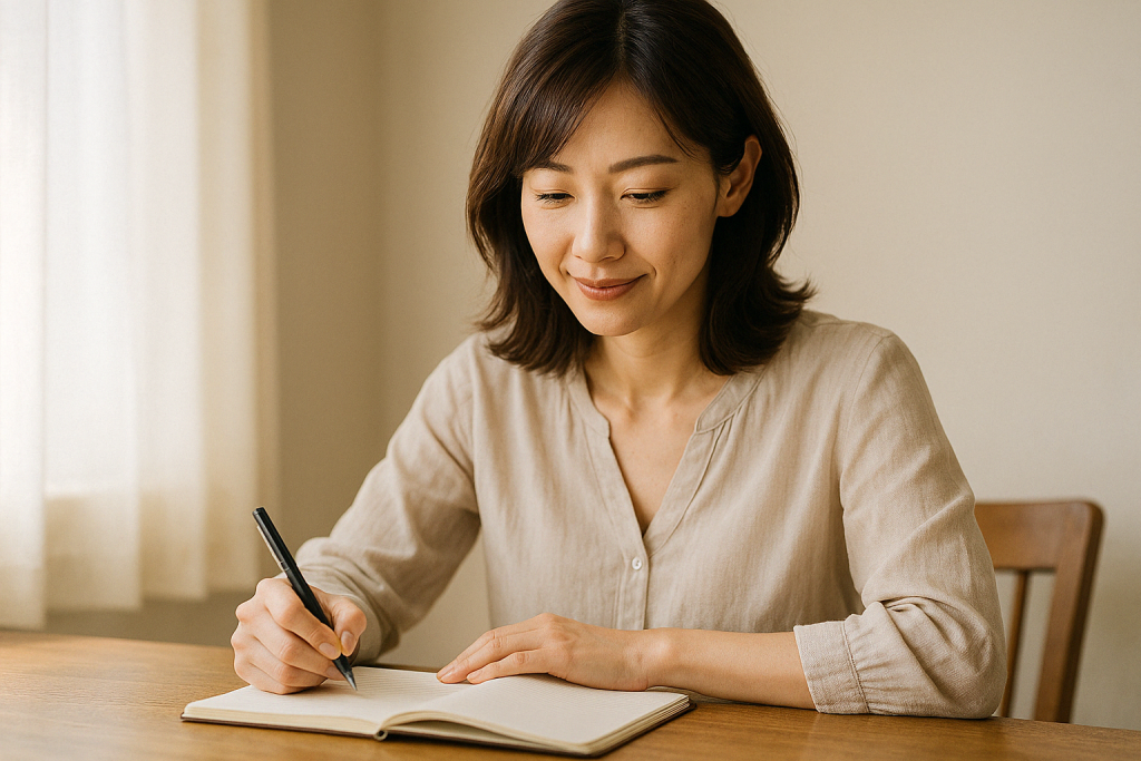 明るい部屋でノートに何かを書きながら笑顔を見せる女性。電話占いをきっかけに、自分の気持ちを整理し前向きに歩き出している