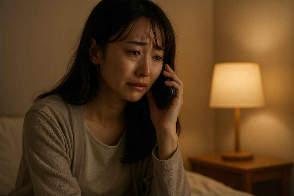 薄暗い部屋でスマホを耳に当てながら、真剣な表情で静かに涙をこぼす女性。誰にも言えなかった気持ちを、電話越しに初めてこぼした夜