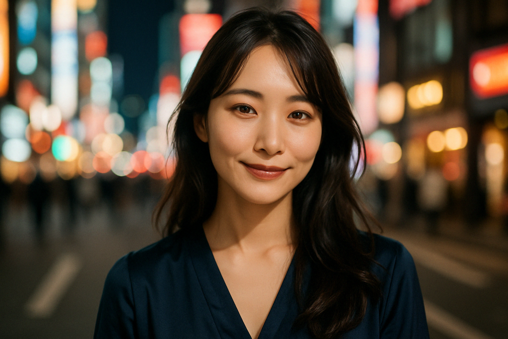 夜の街で静かに微笑む女性。彼の本音と向き合うことを決めたような、やわらかくも芯のあるまなざしが印象的