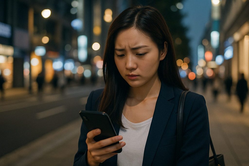 夜の街でスマホを見つめながら険しい表情を浮かべる女性。元彼の音信不通の理由を知りたくて、不安と疑問が交差している様子