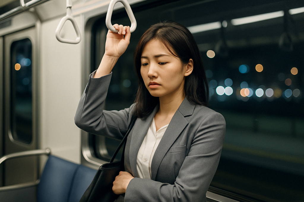 夜の電車内で吊革につかまりながら、窓の外をぼんやりと見つめる20代の日本人女性。事務服姿でバッグを抱え、連絡が来ない苦しさと日常の疲れが表情ににじんでいる