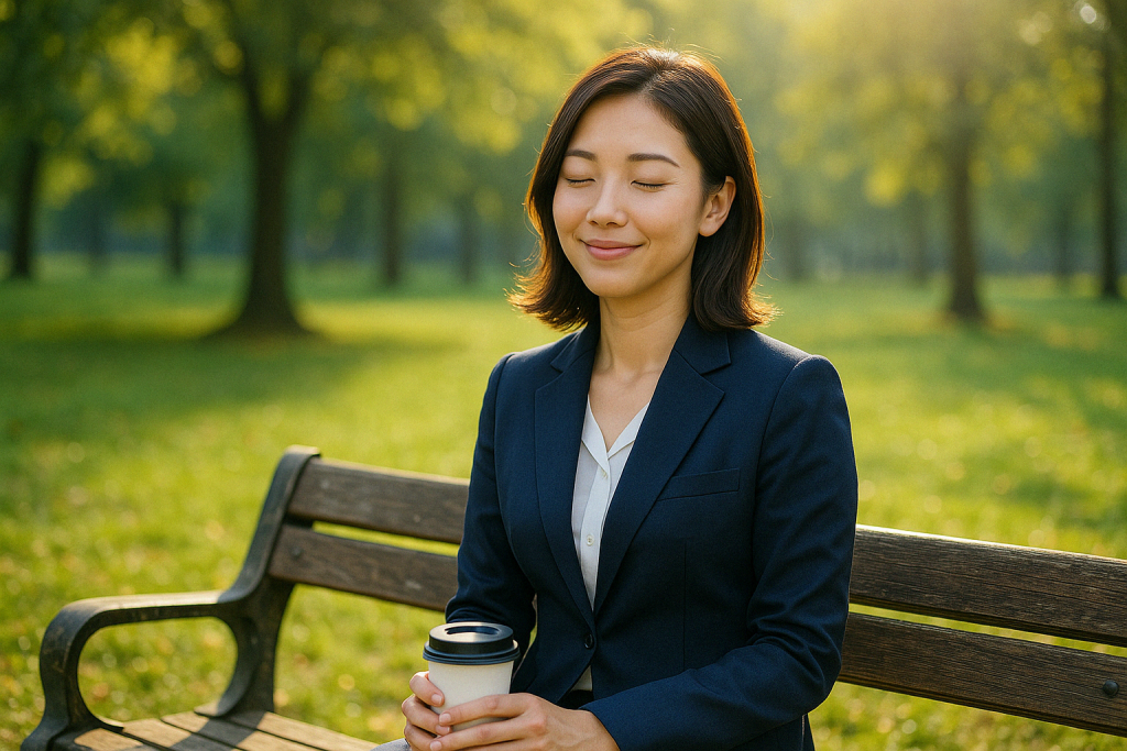 昼間の公園で緑に囲まれたベンチに座り、紺のスーツ姿で目を閉じて微笑む女性。占いが当たったことを静かに受け入れ、自分の気持ちを整理できた穏やかな表情