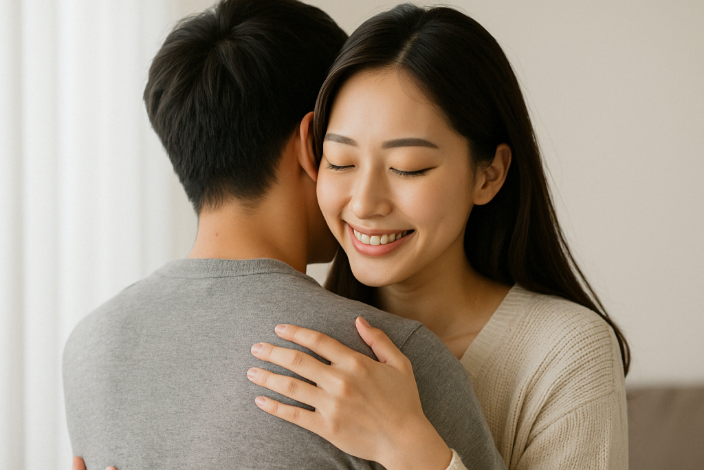 自宅で抱き合う男女。女性は笑顔を浮かべ、つらい時期を越えて“別れない”という選択を受け入れた2人の再出発のぬくもりが伝わってくる