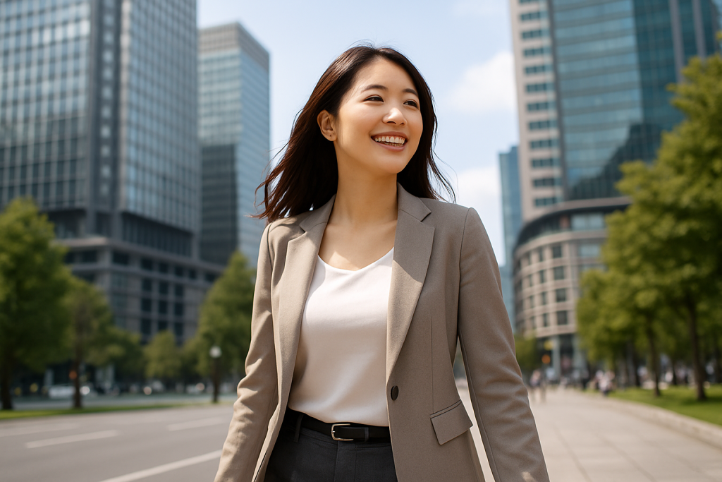東京のビジネス街を背景に、笑顔で歩く20代の日本人女性。ベージュのジャケットにグレーのパンツスタイルで、まっすぐ前を見て進む姿に、自分らしく歩き出す前向きな決意と自由を感じさせる一枚。