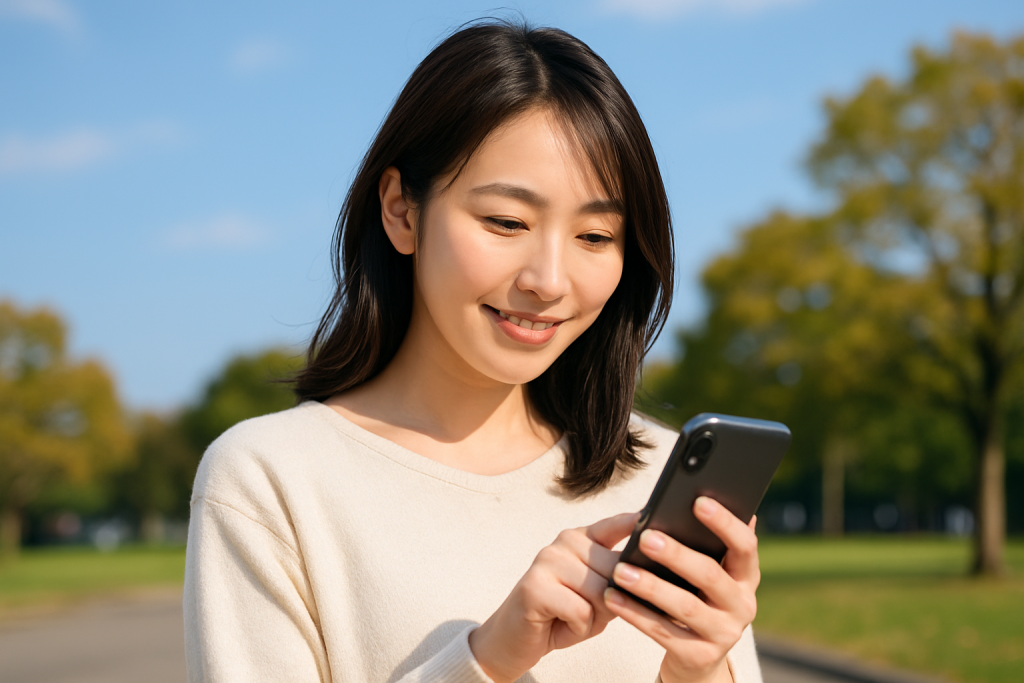秋晴れの公園でスマホを見つめ、ほほ笑む20代の日本人女性。明るめのトップスを着て、自然体の髪型で立ち止まりながら、少し期待を込めた表情を浮かべている。背景には青空と色づいた木々が広がる。