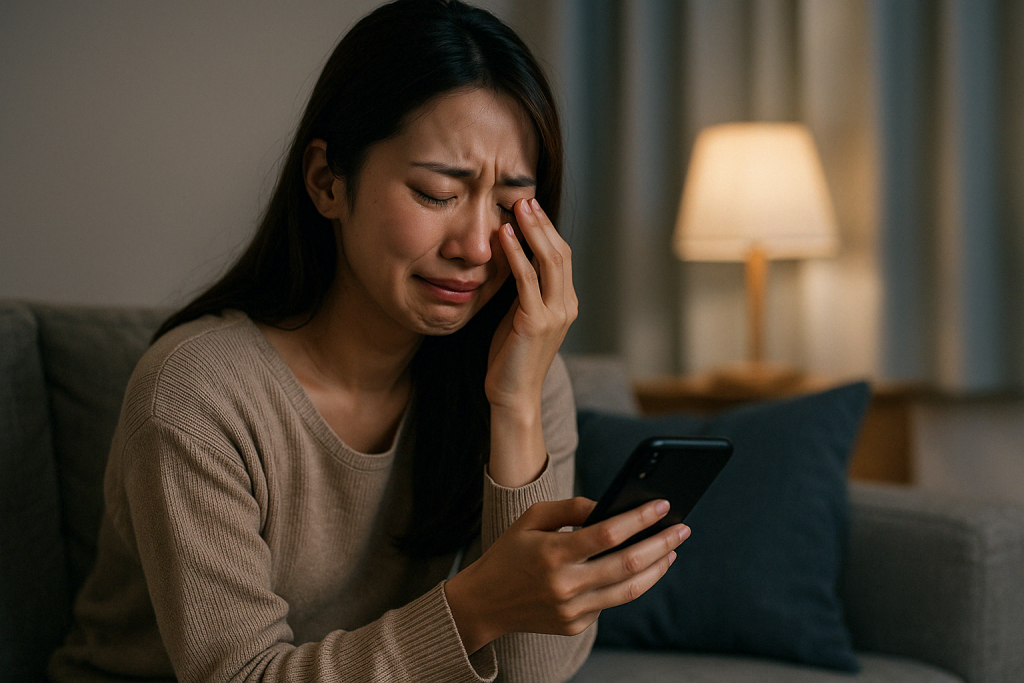 夜の自宅でソファに座り、スマホを見つめながら涙を流す女性。占いを信じたくなかったはずなのに、心の奥に届く言葉にそっと救われている