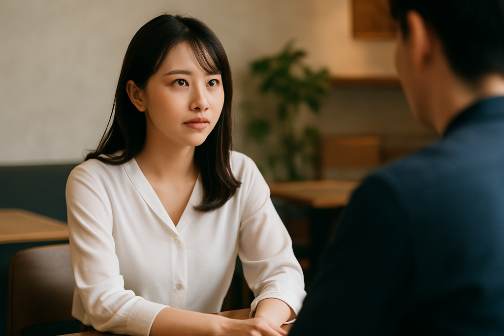 白いブラウスを着た20代の日本人女性がカフェのテーブル越しに男性と向き合っている。手はテーブルの下に置かれ、表には見えていない。女性は少し緊張した面持ちで男性を見つめており、穏やかな空間の中で心を開こうとしている様子が伝わってくる。