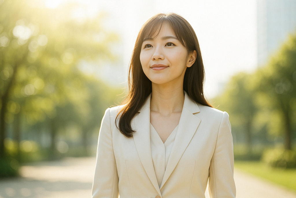 昼間の公園で明るいスーツ姿の女性が、笑顔で遠くを見つめている。エンジェルナンバー『1111』を前向きな恋の味方として受け入れ、軽やかに行動を始めている