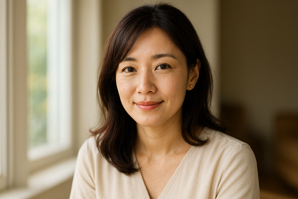 家の中で、穏やかに微笑みながらこちらを見つめる女性。サイレント期間を乗り越えた経験から、今つらいあなたにそっと寄り添っている