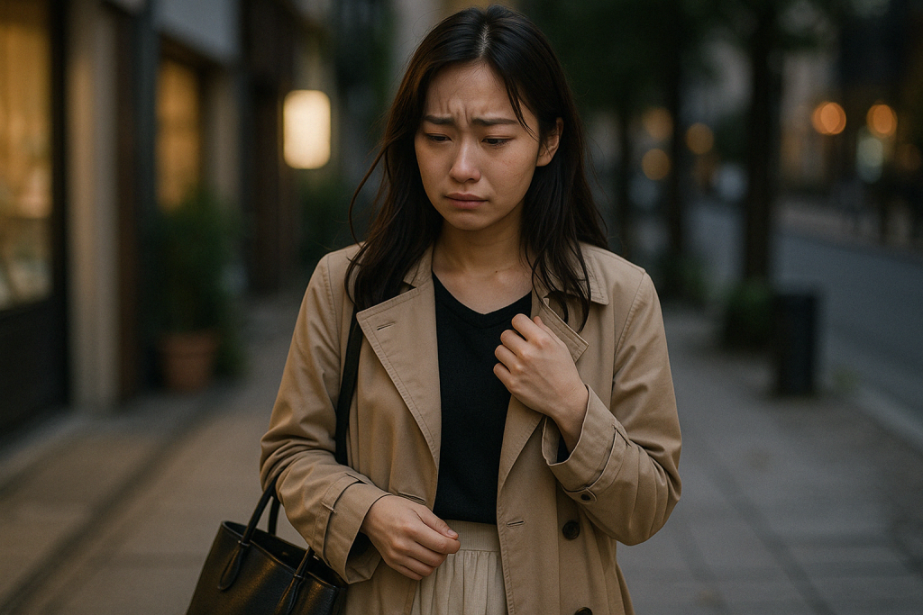 夕方の繁華街でベージュのコートを着た女性が泣きそうな表情を浮かべている。周囲の声に揺れながらも、自分の気持ちだけはまだ簡単に手放せずにいる