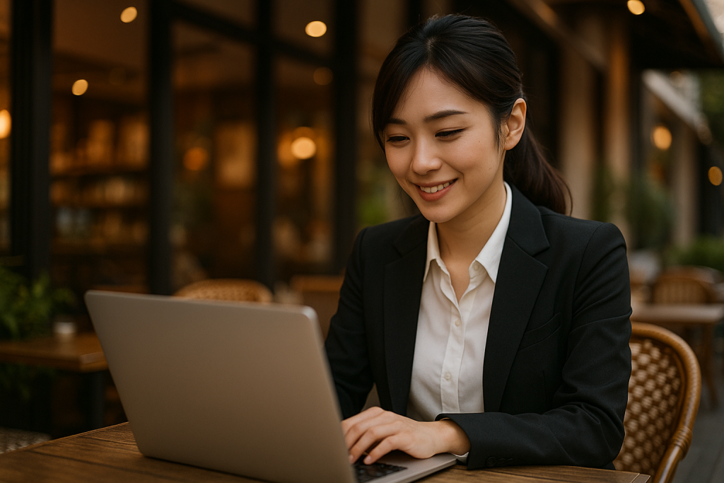 夕方のカフェテラス席でノートパソコンを見つめながら静かに微笑む20代の日本人女性。事務服風の白シャツと黒ジャケットを着用し、やわらかい自然光が顔を照らしている。達成感に満ちた表情が印象的。