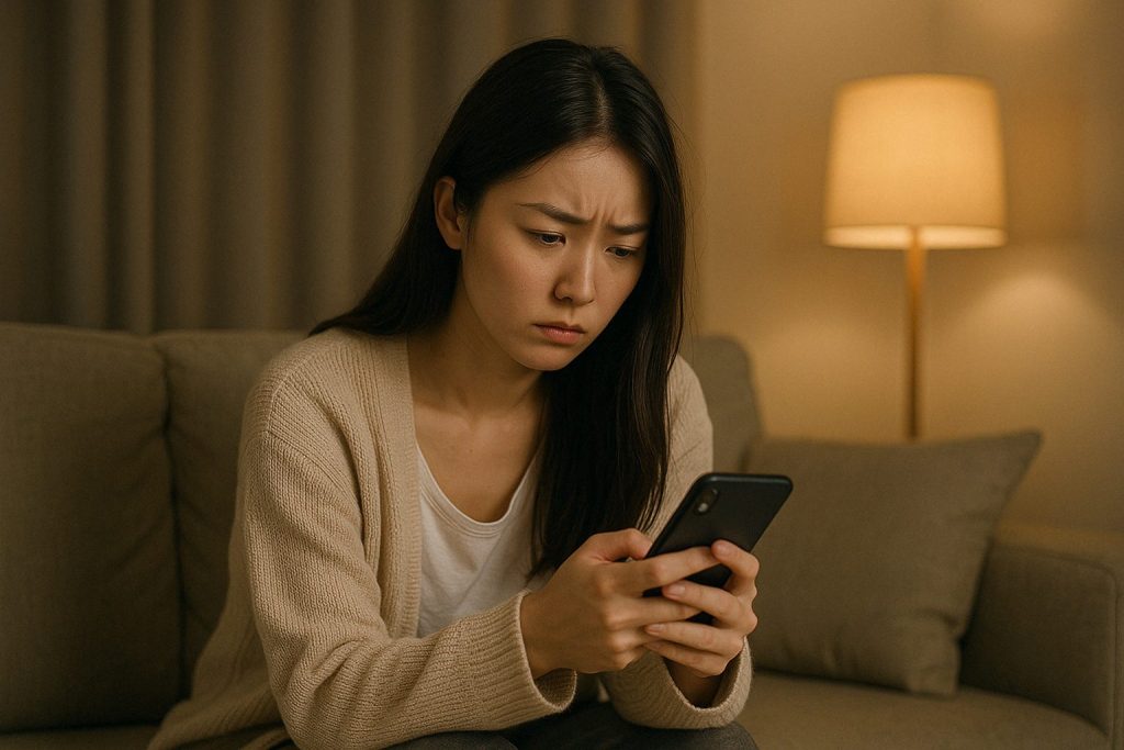 夜の部屋で女性がスマホを見つめ、眉をひそめながら不安な表情を浮かべている。彼から連絡がこない理由を自分のせいだと感じて悩んでいる