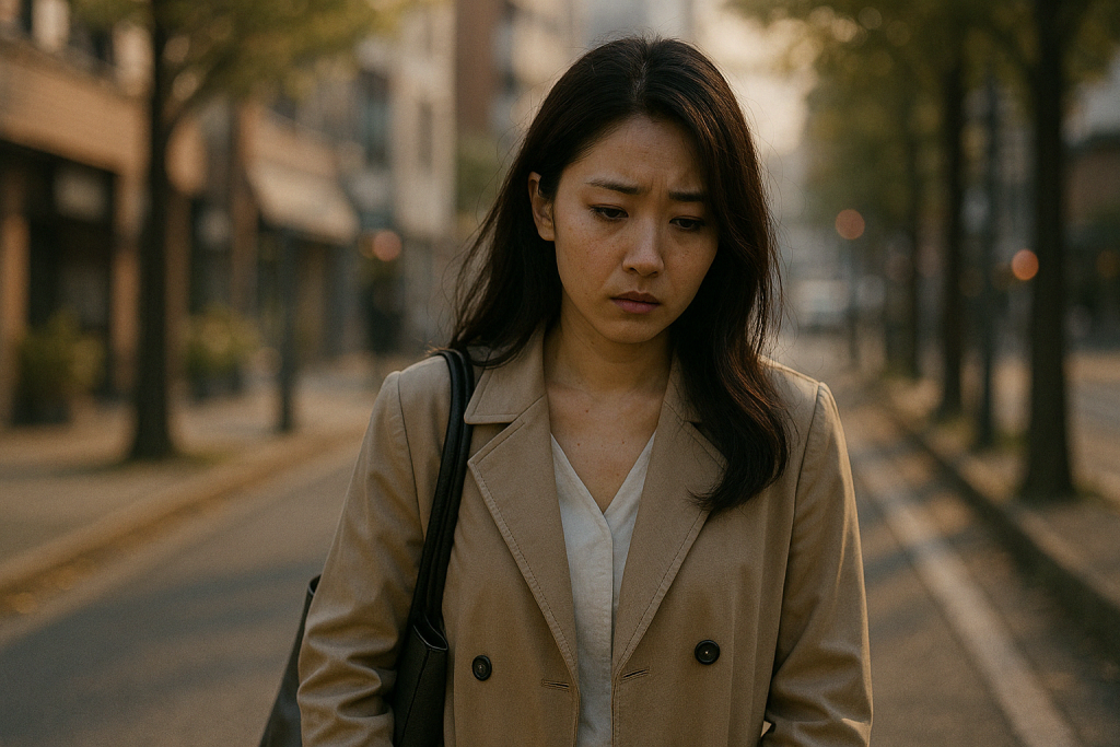 繁華街の中で立ち止まり、悩んだ表情を浮かべるコート姿の女性。頭では理解していても、心が追いつかずに迷い続けている