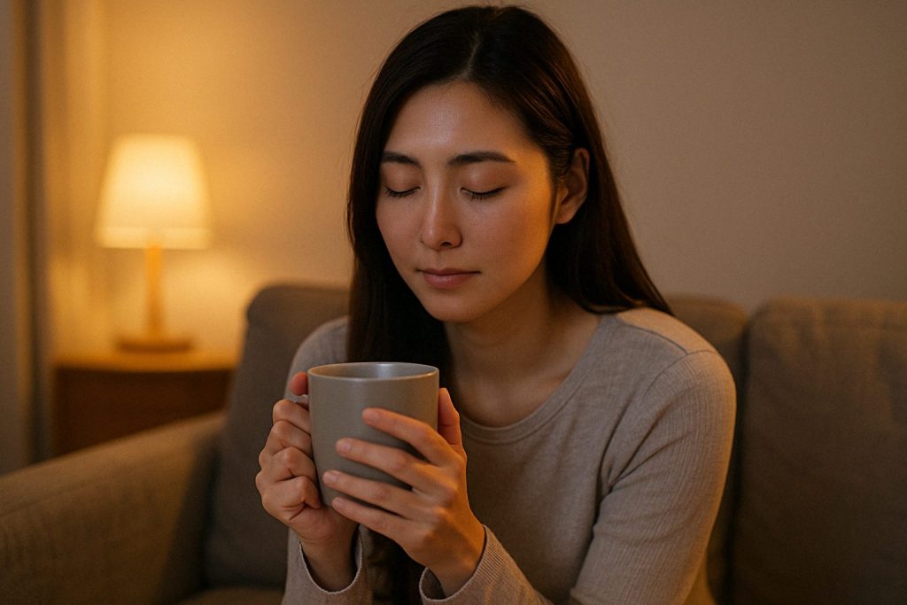 夜の部屋で目を閉じ、両手でカップを包み込む女性。彼から連絡がない中、自分の心を整え、前を向く準備をしている