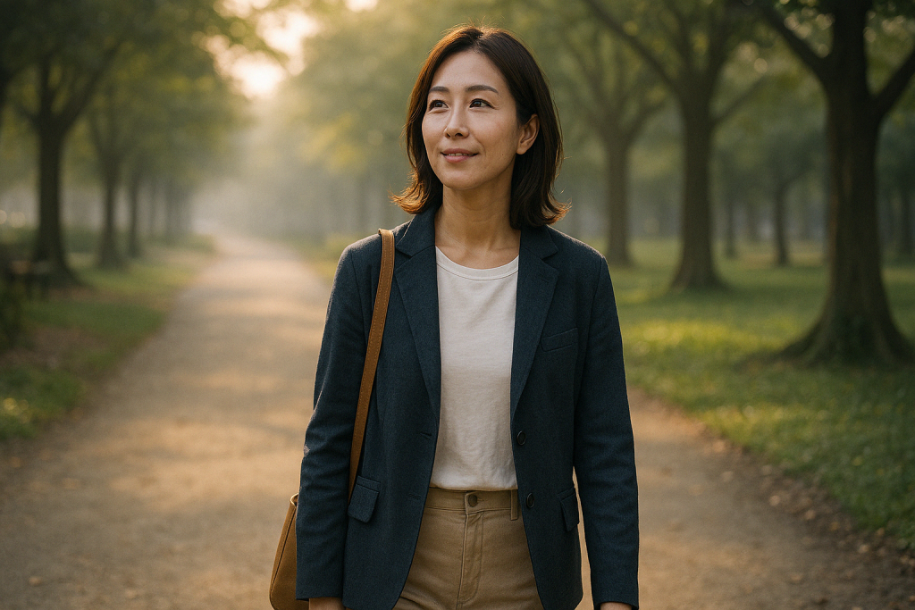 朝日が差し込む公園で、紺のジャケットを羽織った女性が笑顔で遠くを見つめている。彼の本音を知ったことで、心に変化が生まれ、行動が前向きになっている