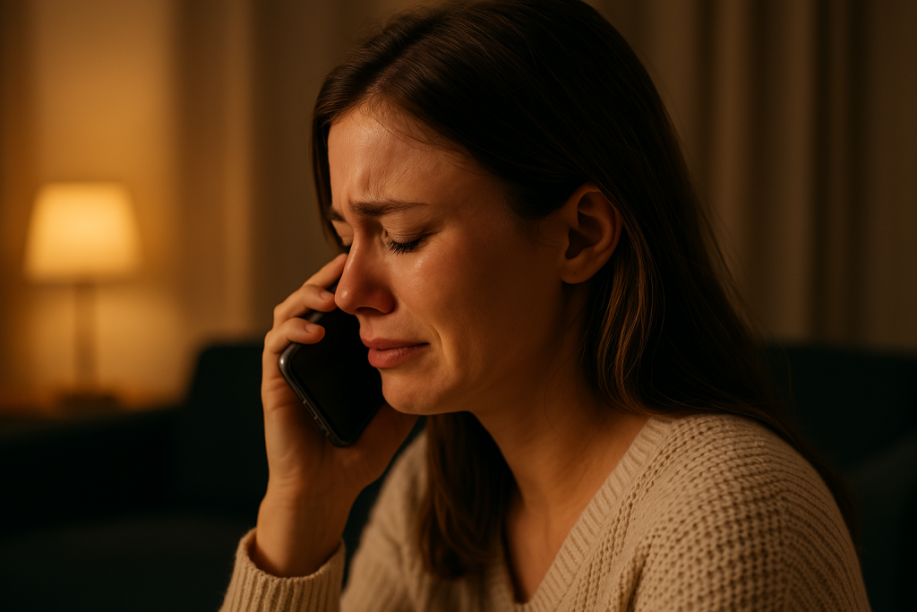 自宅の薄暗い部屋で、スマホを耳に当てながら涙をこぼす女性。占いの言葉に揺さぶられた夜、ひとりで本音と向き合っている