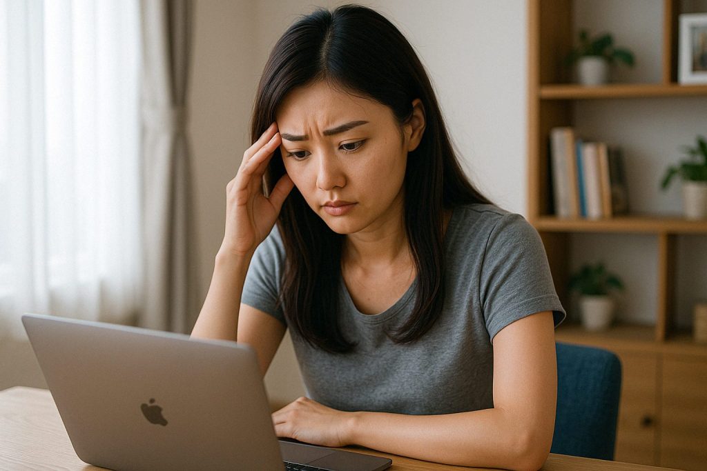 元彼からの連絡を待ちながら、ノートパソコンを前に悩む20代後半の女性。連絡が再びくる可能性について検索している様子