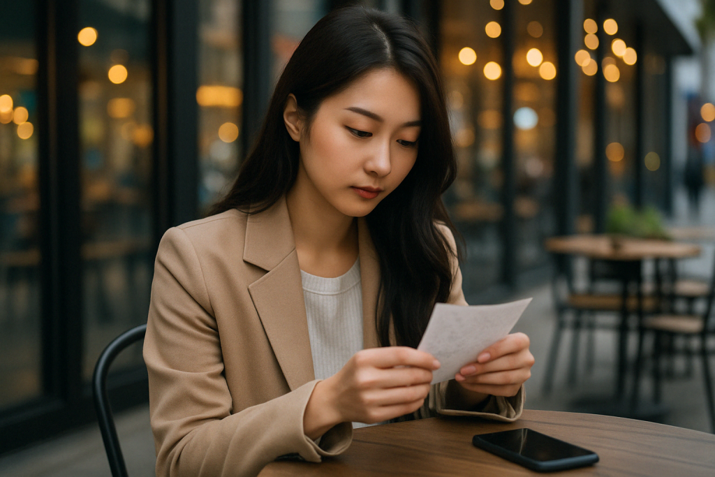 カフェのテラス席で、手書きのノートを読みながら考え込む20代の日本人女性。落ち着いたコーデに身を包み、真剣な表情で向き合っている。