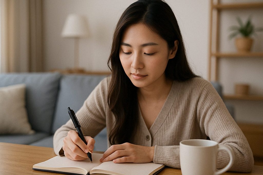 明るい部屋でノートに書き込みをしている女性。音信不通の状況に焦らず、今できることを見つけて前向きに行動を始めている