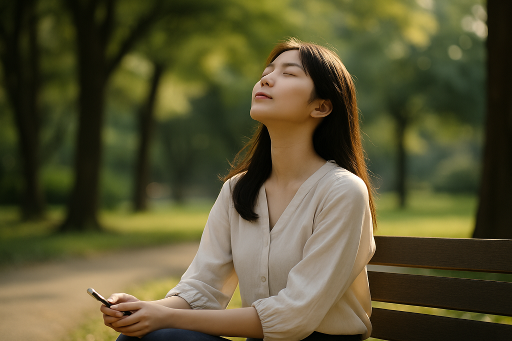 公園のベンチに座り、空を見上げながら深呼吸している20代の日本人女性。ナチュラルなブラウスとネイビーパンツ姿で、やわらかい日差しを浴びながら気づきを得たような穏やかな表情をしている。
