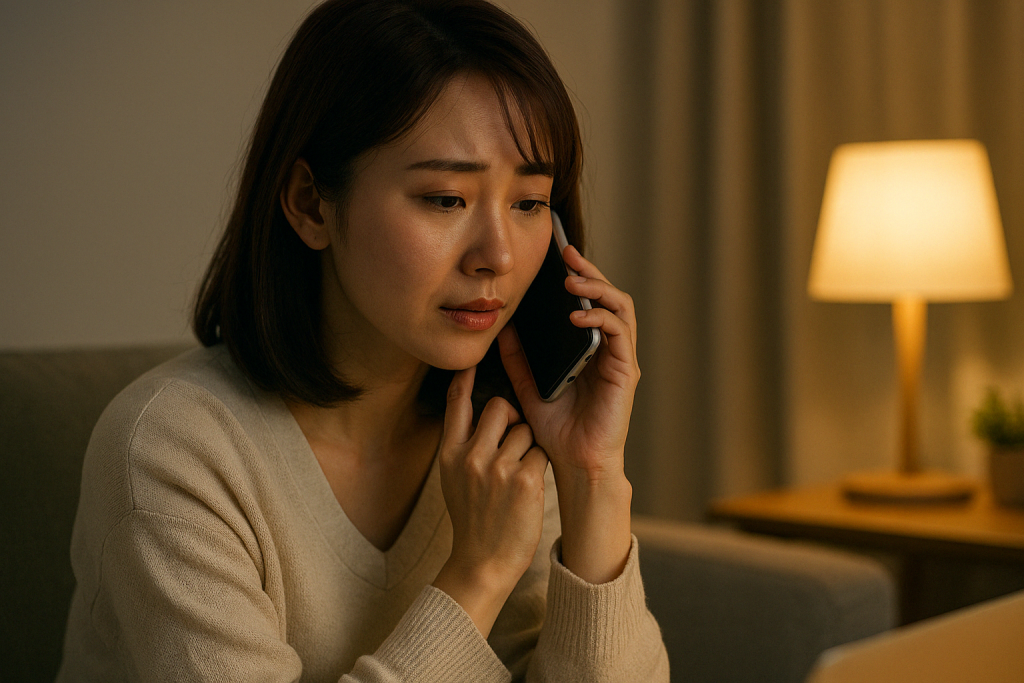 夜の部屋でスマホを耳に当てながら、少し真剣な表情を見せる女性。脈なしだと思い込んでいたのは自分かもしれないと、占いの言葉に心が揺れている