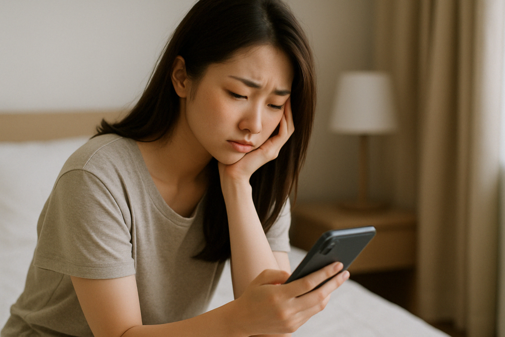昼間の自宅で、女性が手で顎を押さえながら、しかめっ面でスマホを見つめている。恋が止まっていた時期、何度も『1111』という数字が目に入り、意味を考えている